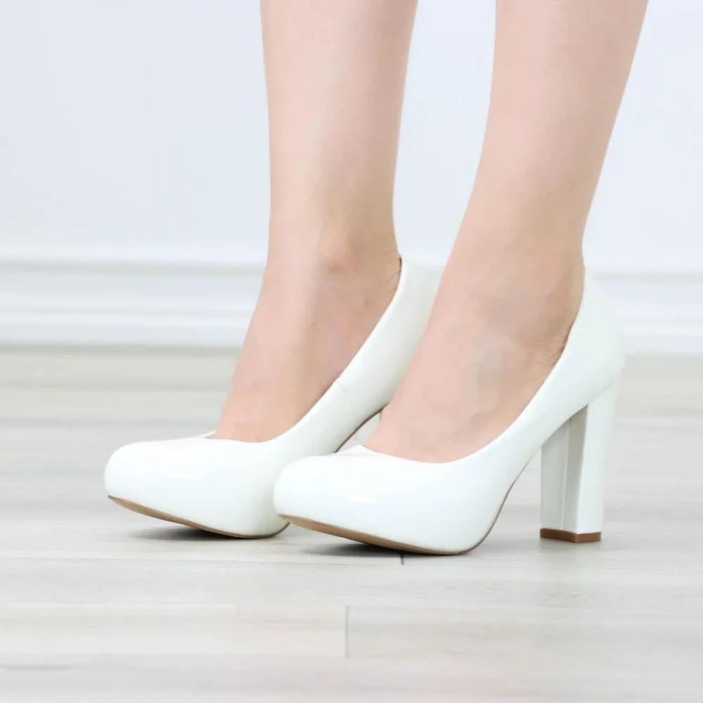 Classic White Patent Platform High Heels Slip On Round Toe Pumps - Picture 12 of 12